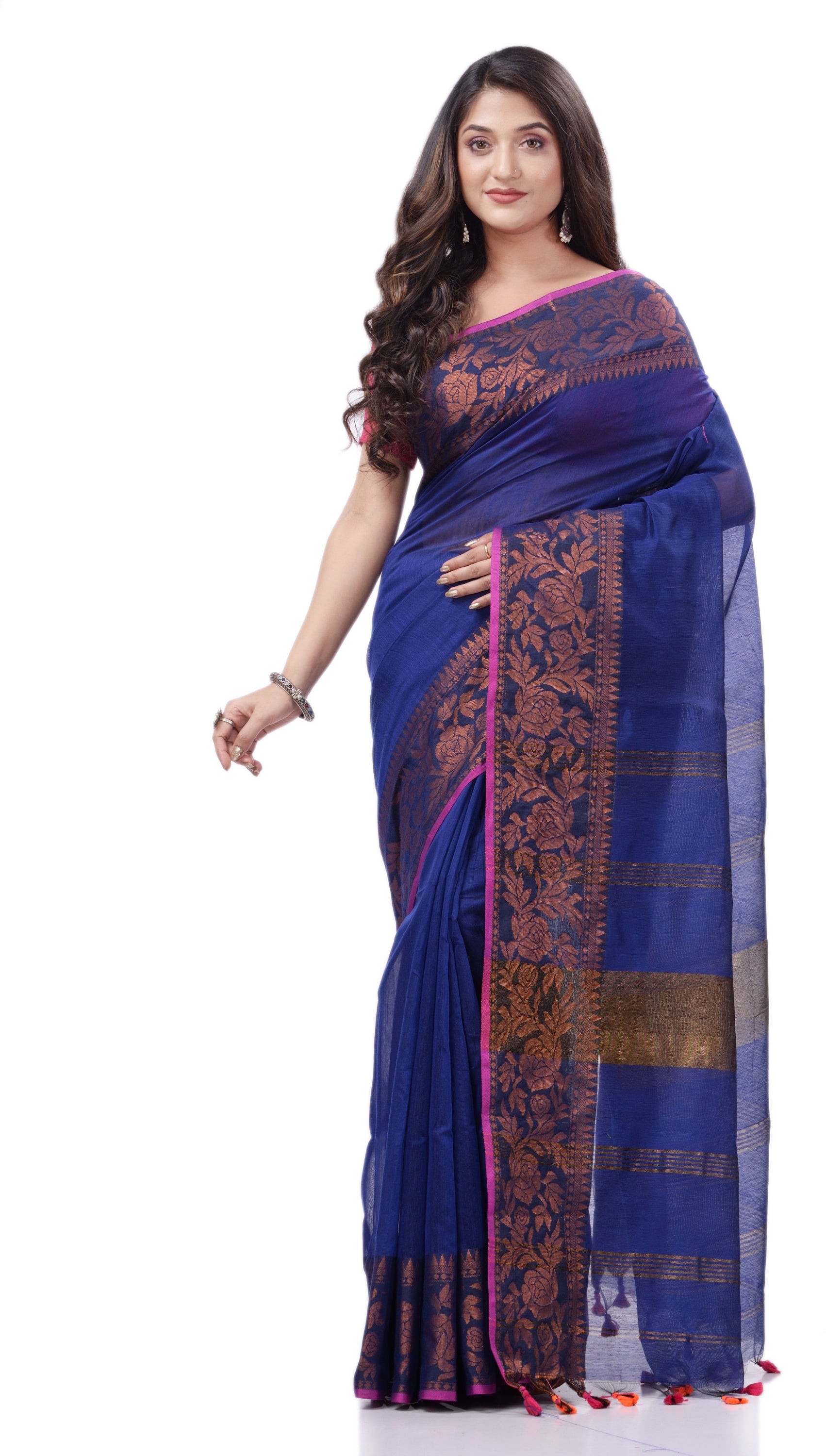 Desh Bidesh Printed Handloom Pure Cotton Saree (Dark Blue) - Distacart