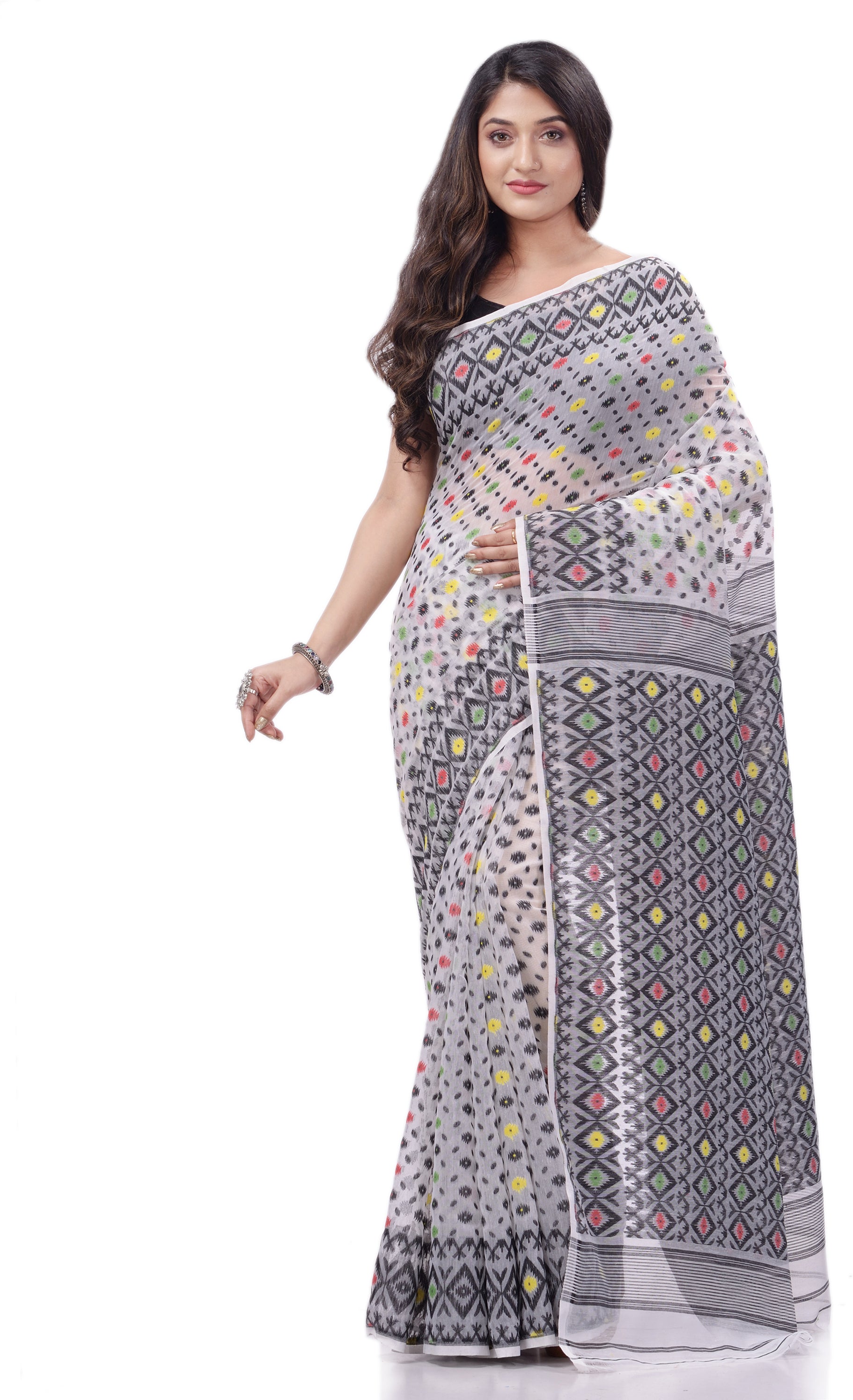 Desh Bidesh Woven Handloom Pure Cotton Saree (White) - Distacart