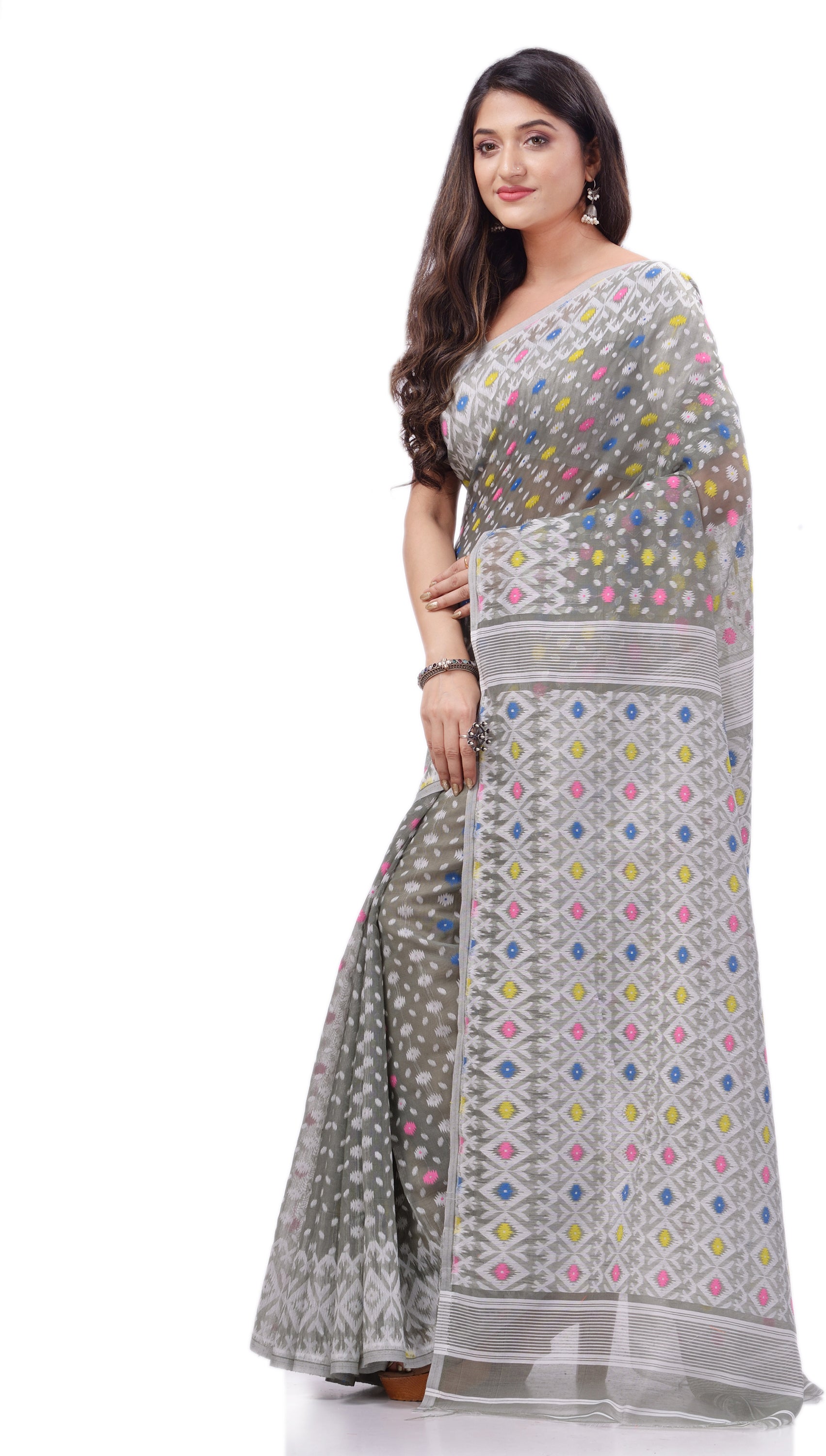 Desh Bidesh Woven Handloom Pure Cotton Saree (Grey) - Distacart