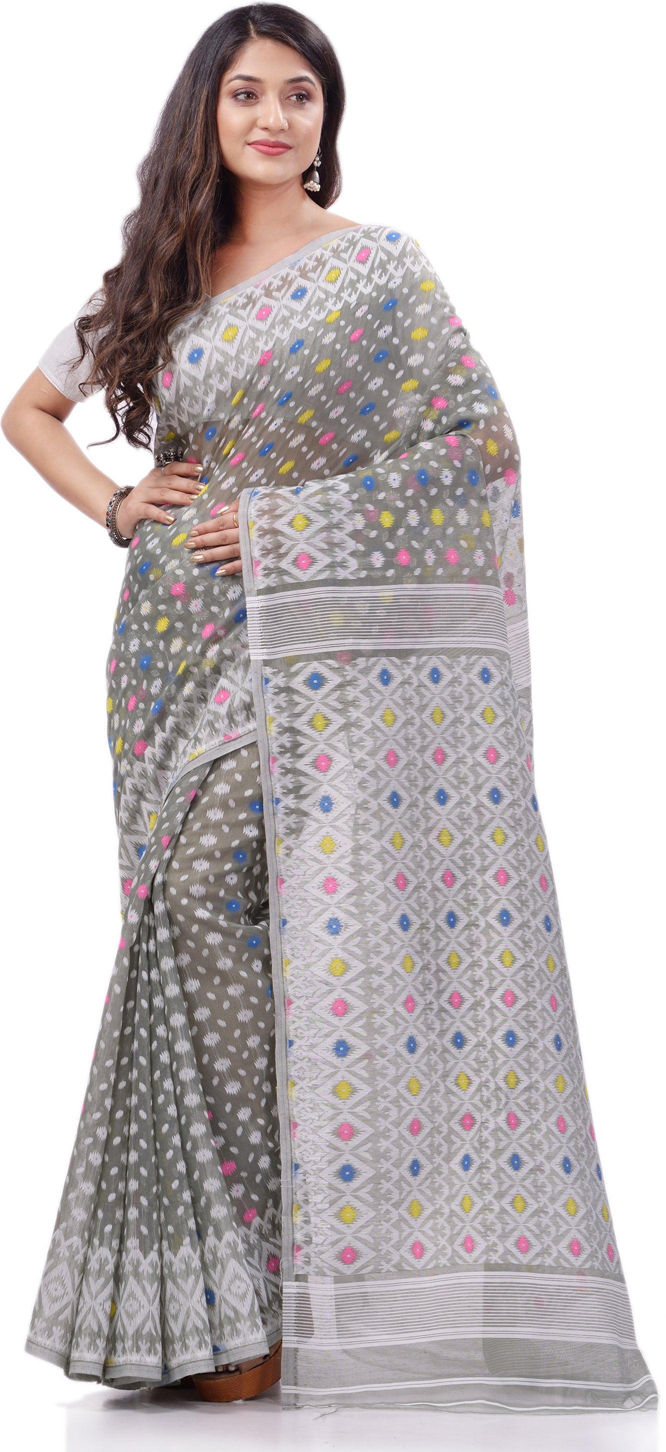 Desh Bidesh Woven Handloom Pure Cotton Saree (Grey) - Distacart