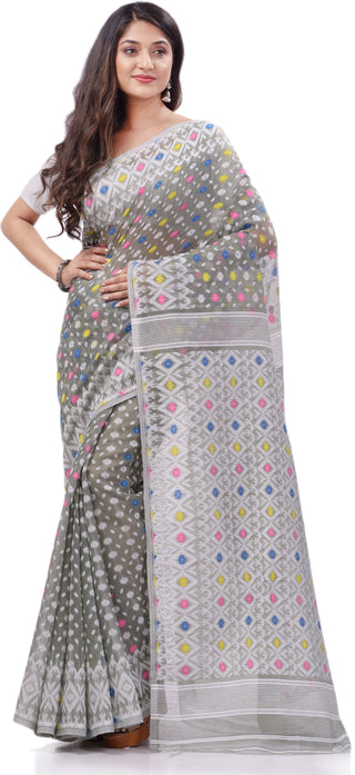 Desh Bidesh Woven Handloom Pure Cotton Saree (Grey) - Distacart