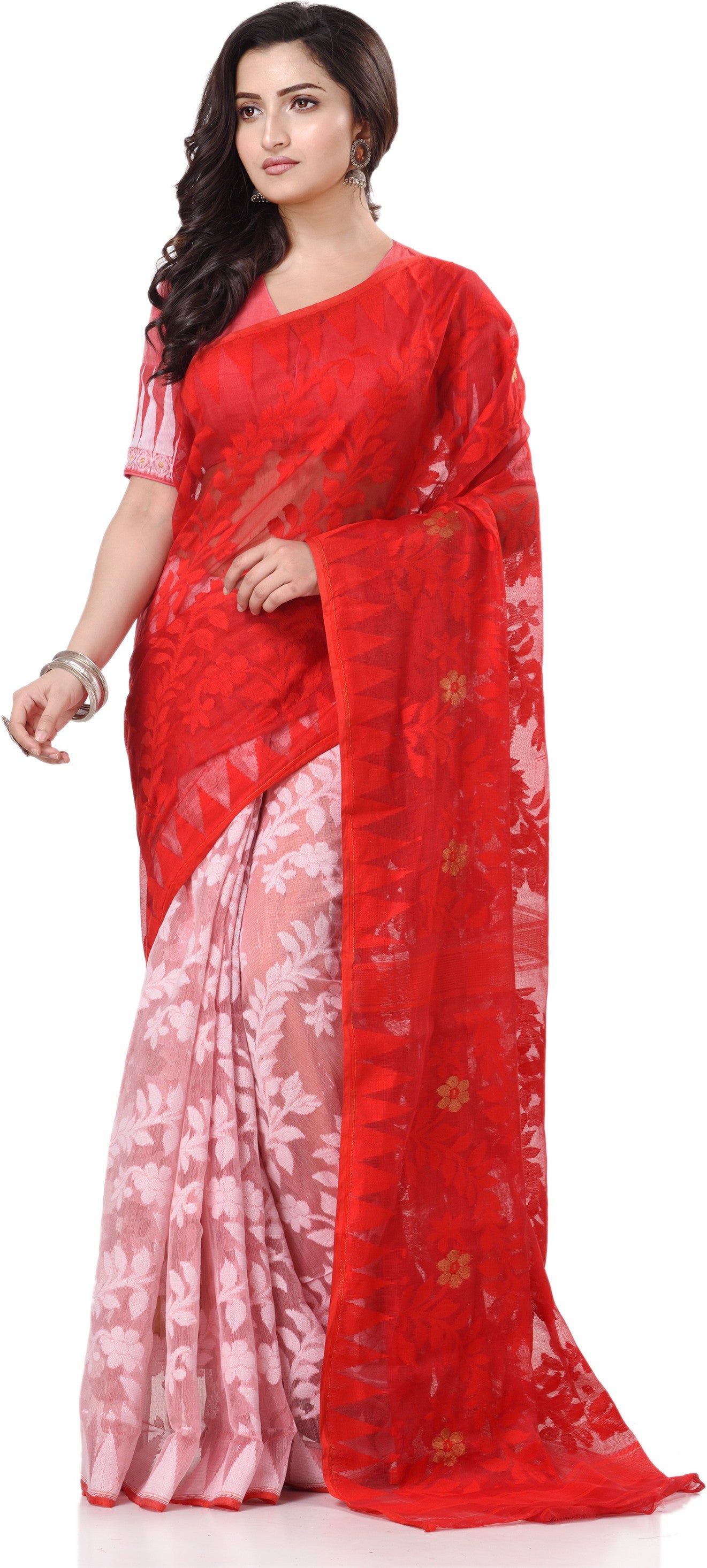 Desh Bidesh Woven Handloom Handloom Pure Cotton Saree (Red, White) - Distacart