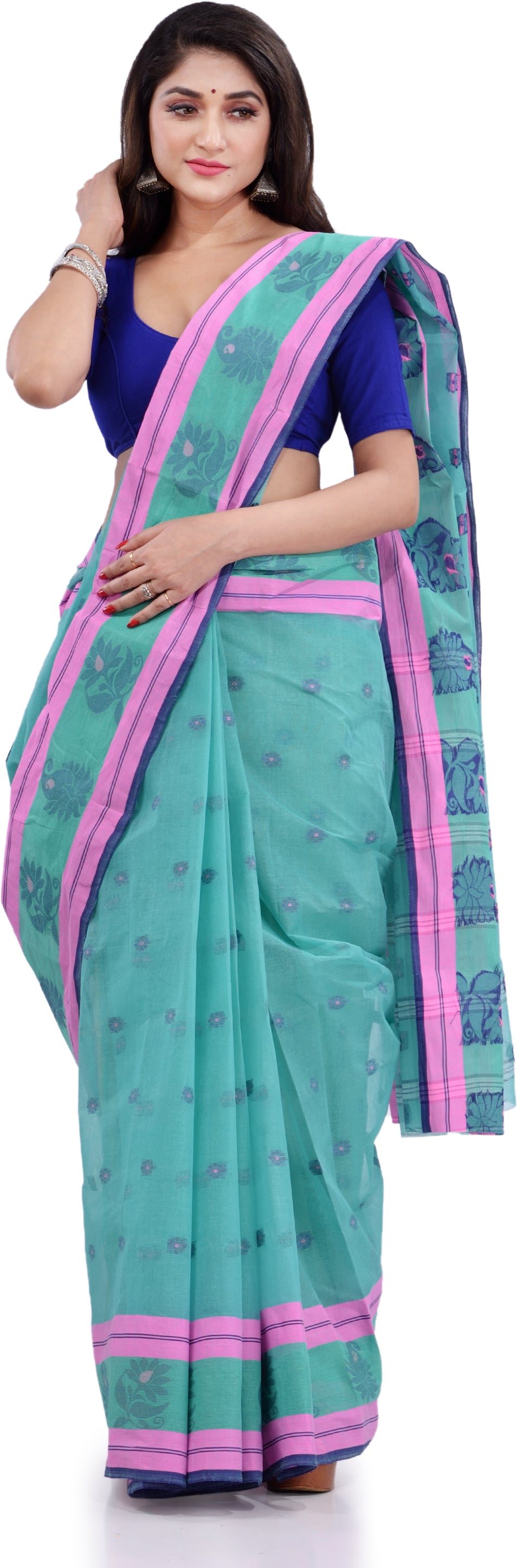 Desh Bidesh Woven Handloom Pure Cotton Saree (Light Blue) - Distacart