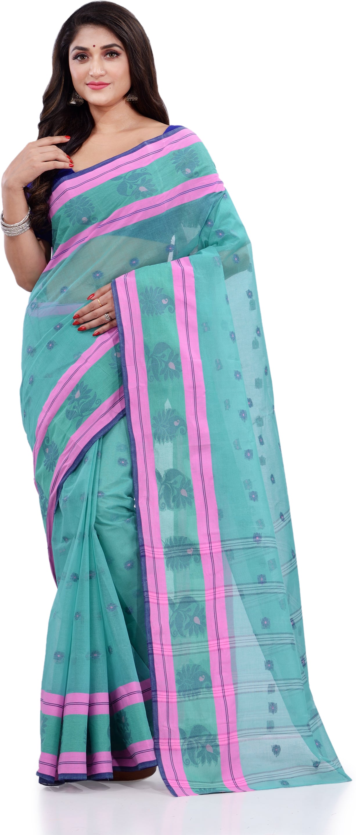 Desh Bidesh Woven Handloom Pure Cotton Saree (Light Blue) - Distacart