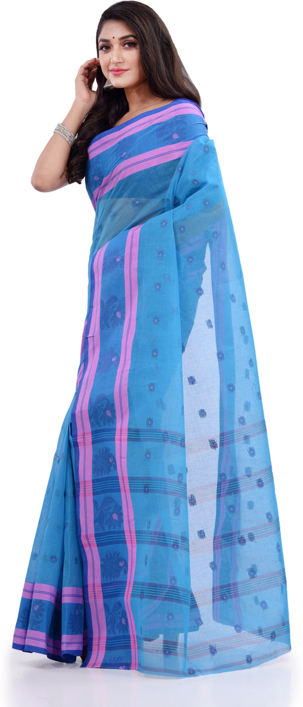 Desh Bidesh Woven Handloom Pure Cotton Saree (Blue) - Distacart