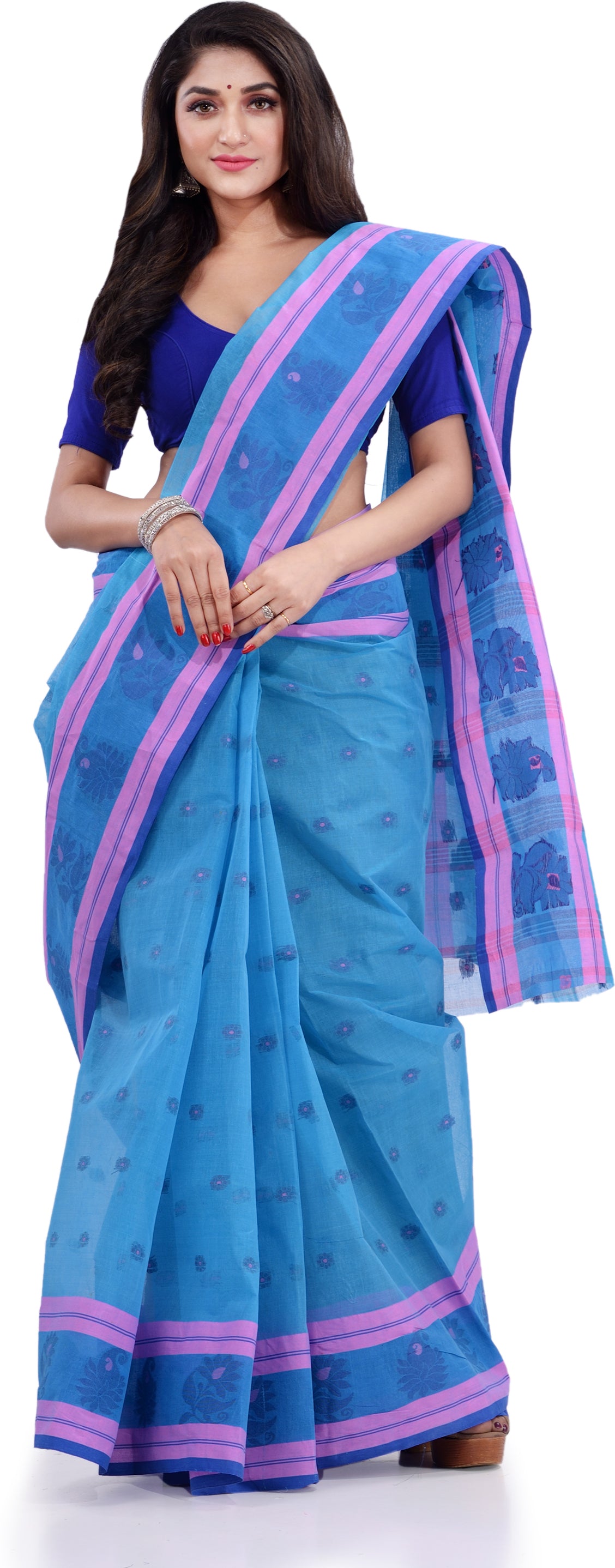 Desh Bidesh Woven Handloom Pure Cotton Saree (Blue) - Distacart