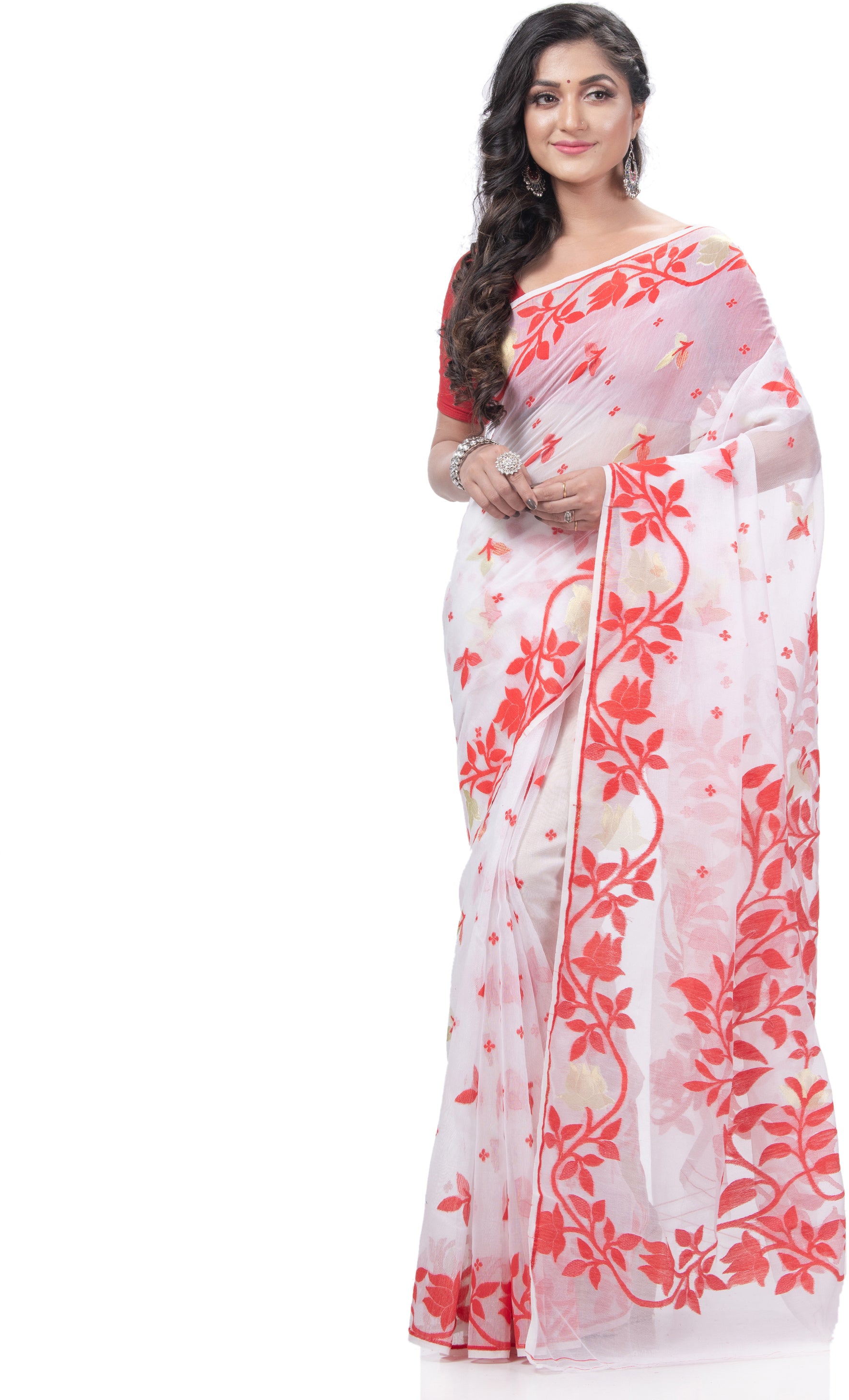 Desh Bidesh Embellished Jamdani Handloom Pure Cotton Saree (White) - Distacart