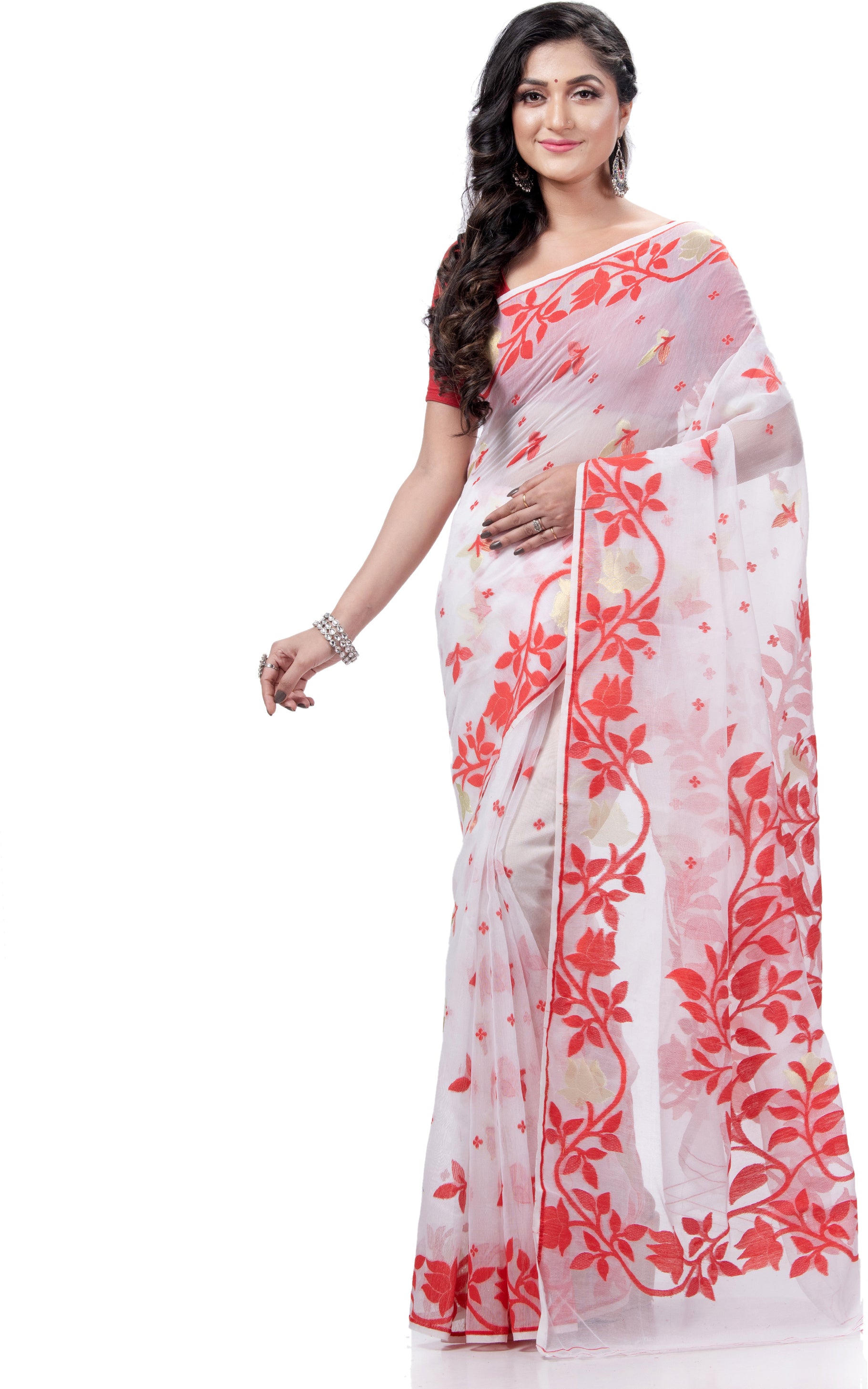 Desh Bidesh Woven Jamdani Handloom Pure Cotton Saree (Red) - Distacart