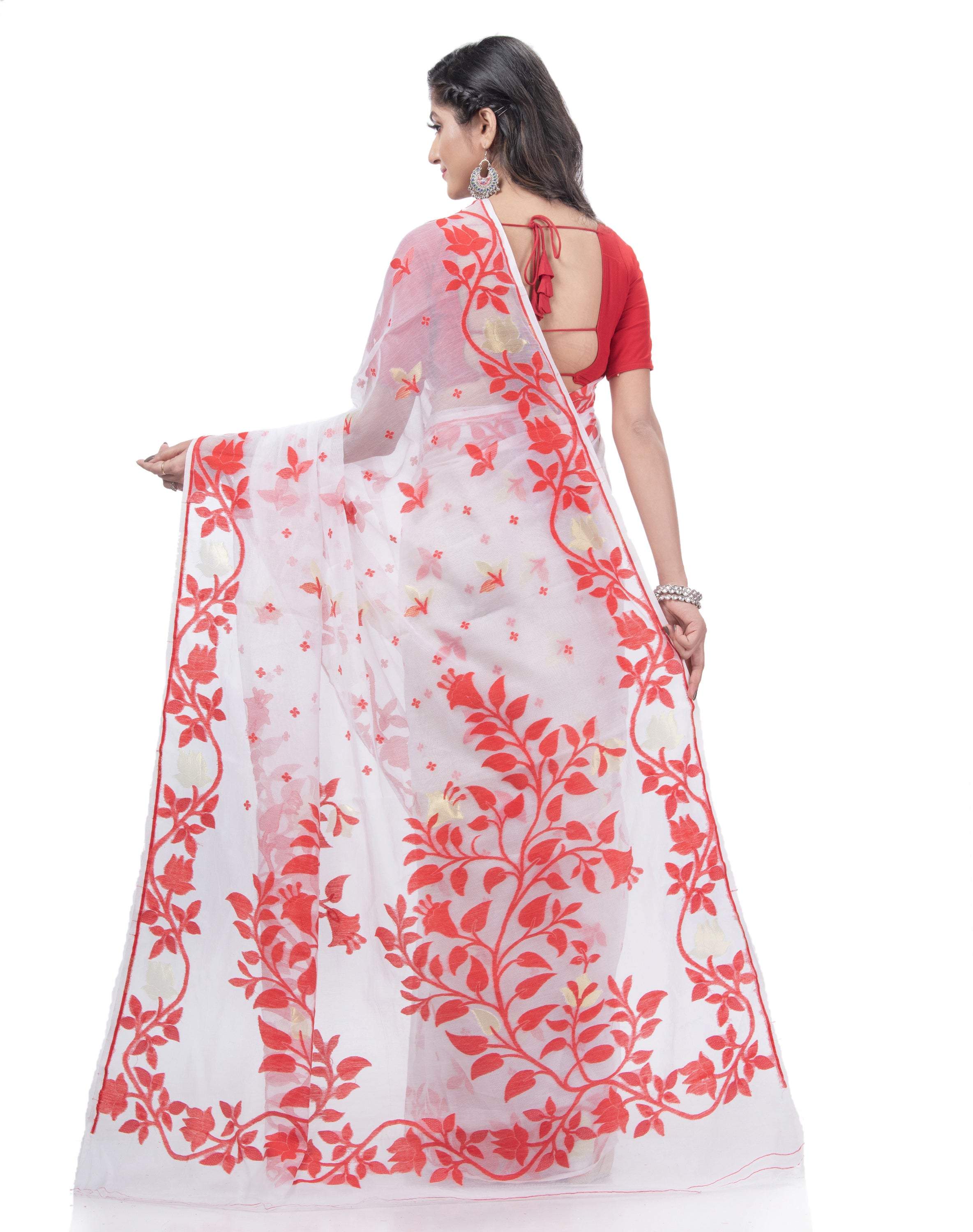 Desh Bidesh Woven Jamdani Handloom Pure Cotton Saree (Red) - Distacart