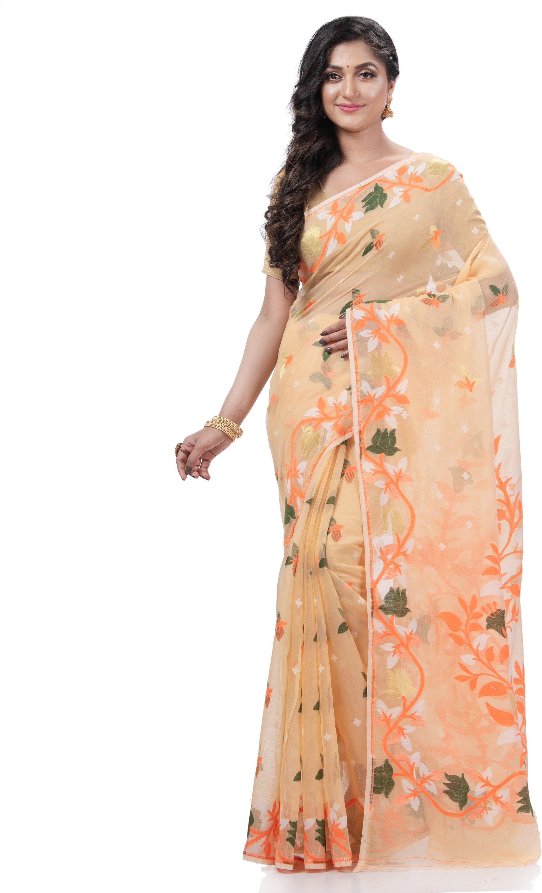 Desh Bidesh Embellished Jamdani Handloom Pure Cotton Saree (Orange) - Distacart