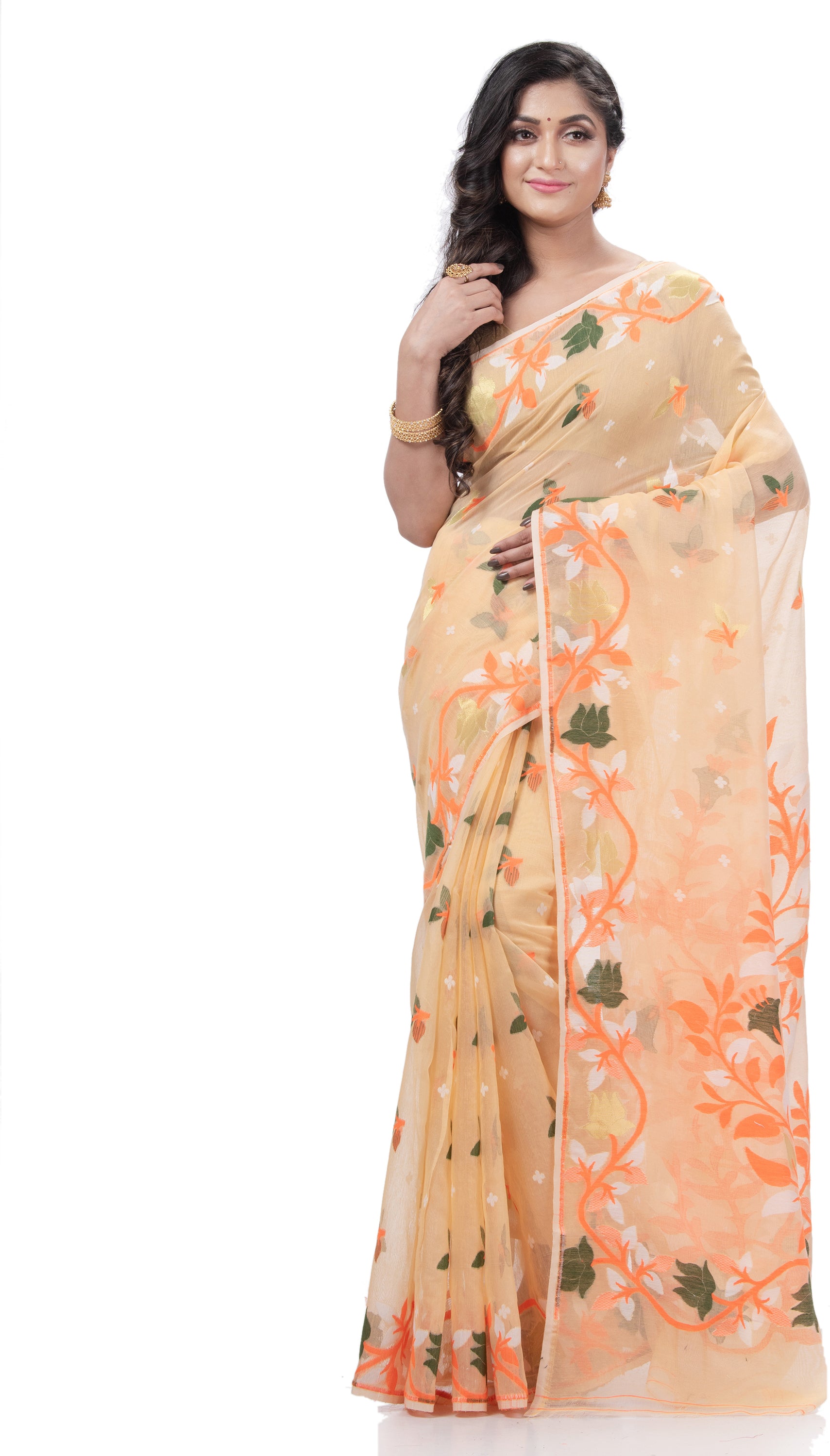 Desh Bidesh Embellished Jamdani Handloom Pure Cotton Saree (Orange) - Distacart