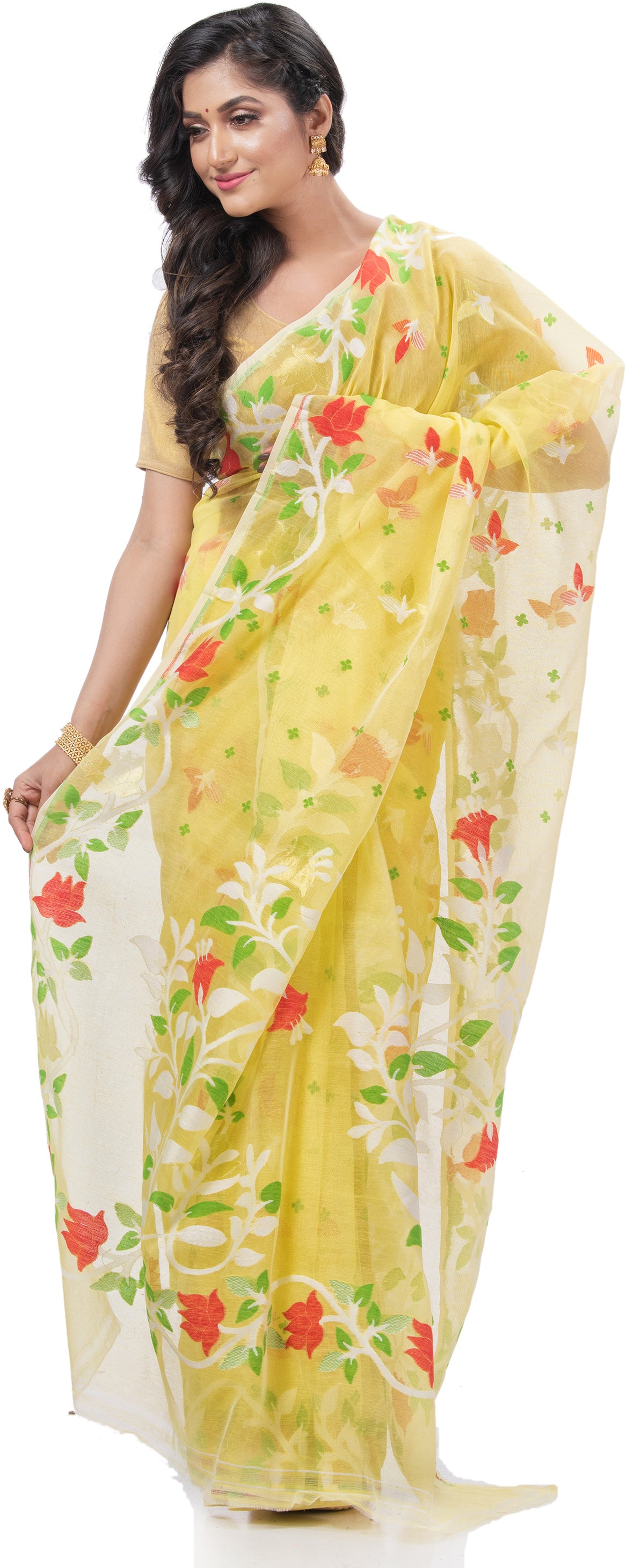Desh Bidesh Woven Jamdani Handloom Pure Cotton Saree (Yellow) - Distacart