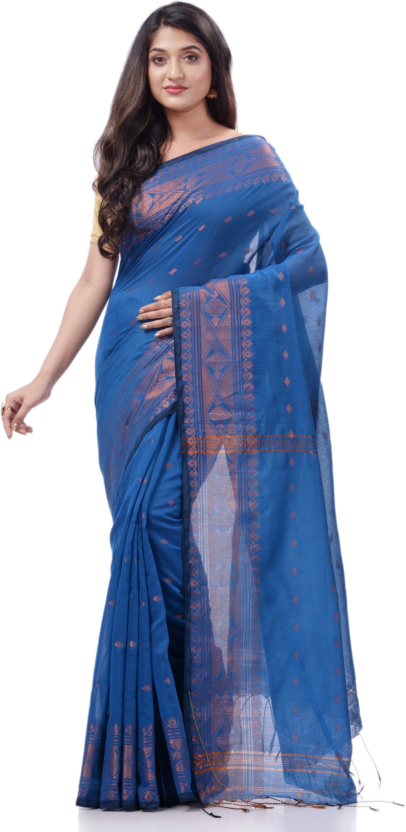 Desh Bidesh Woven Handloom Pure Cotton Saree (Light Blue) - Distacart