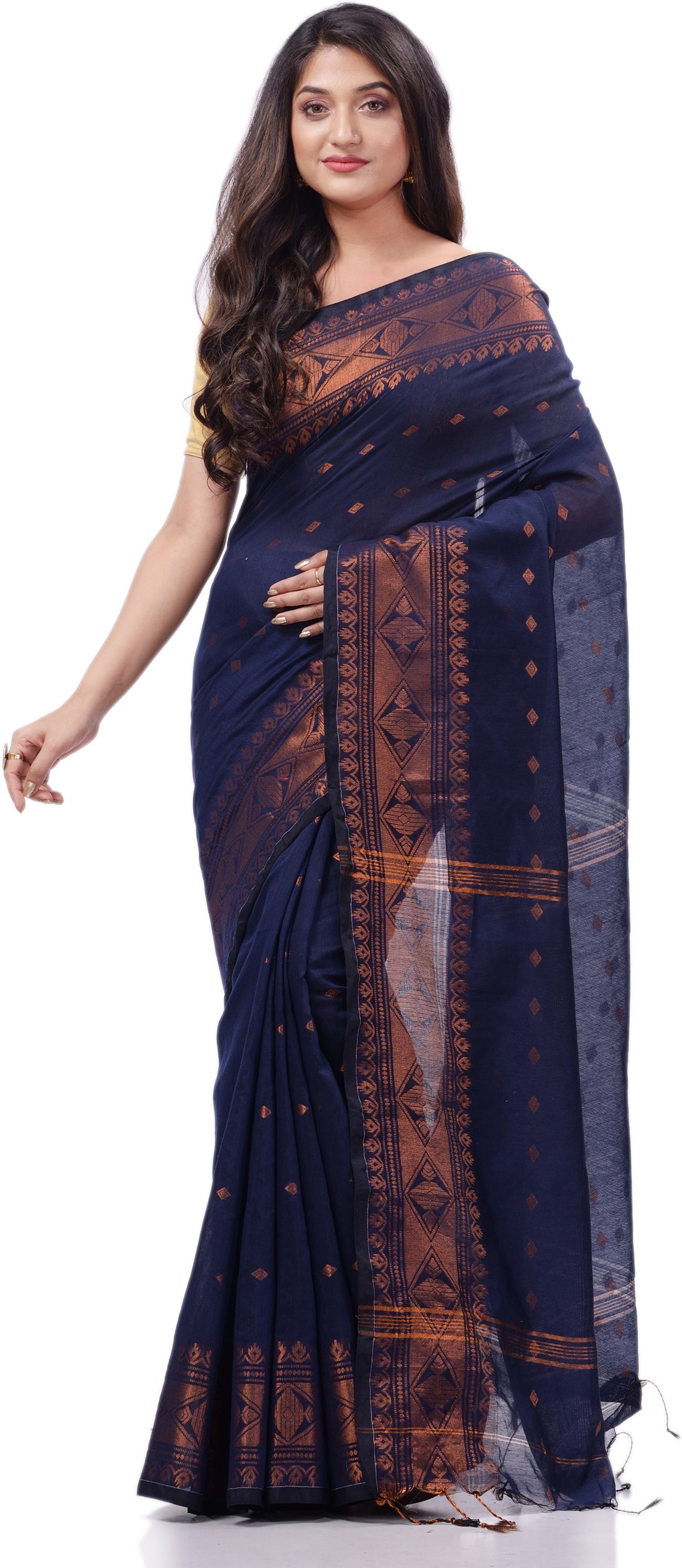 Desh Bidesh Woven Handloom Pure Cotton Saree (Dark Blue) - Distacart