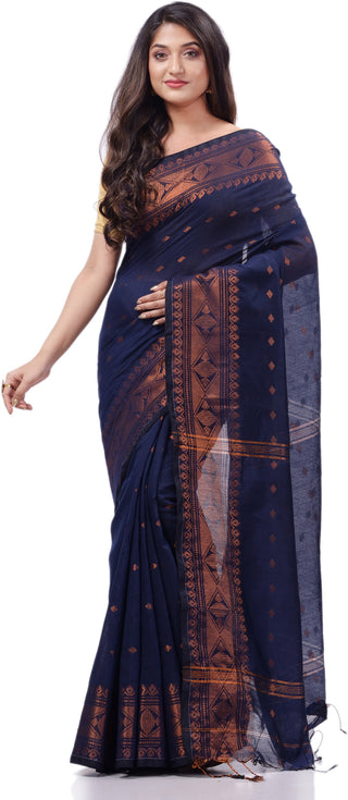 Desh Bidesh Woven Handloom Pure Cotton Saree (Dark Blue) - Distacart