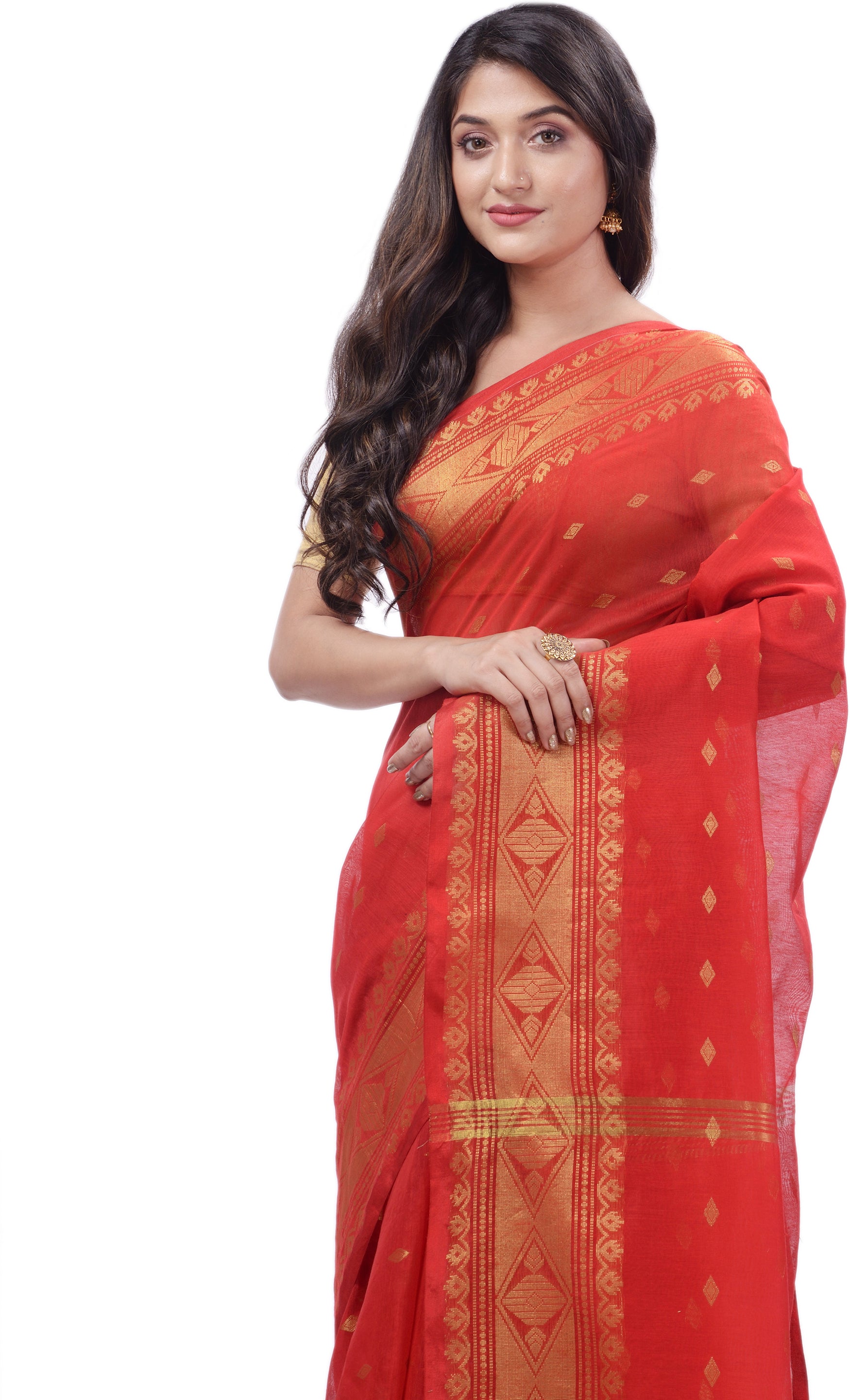 Desh Bidesh Woven Handloom Pure Cotton Saree (Red) - Distacart