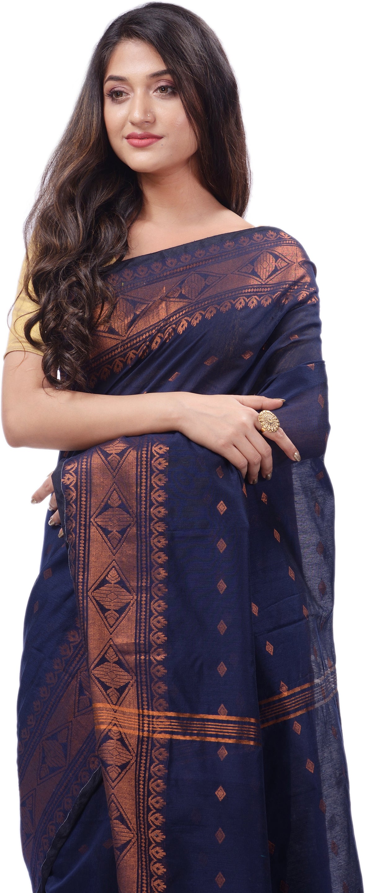 Desh Bidesh Woven Handloom Pure Cotton Saree (Dark Blue) - Distacart