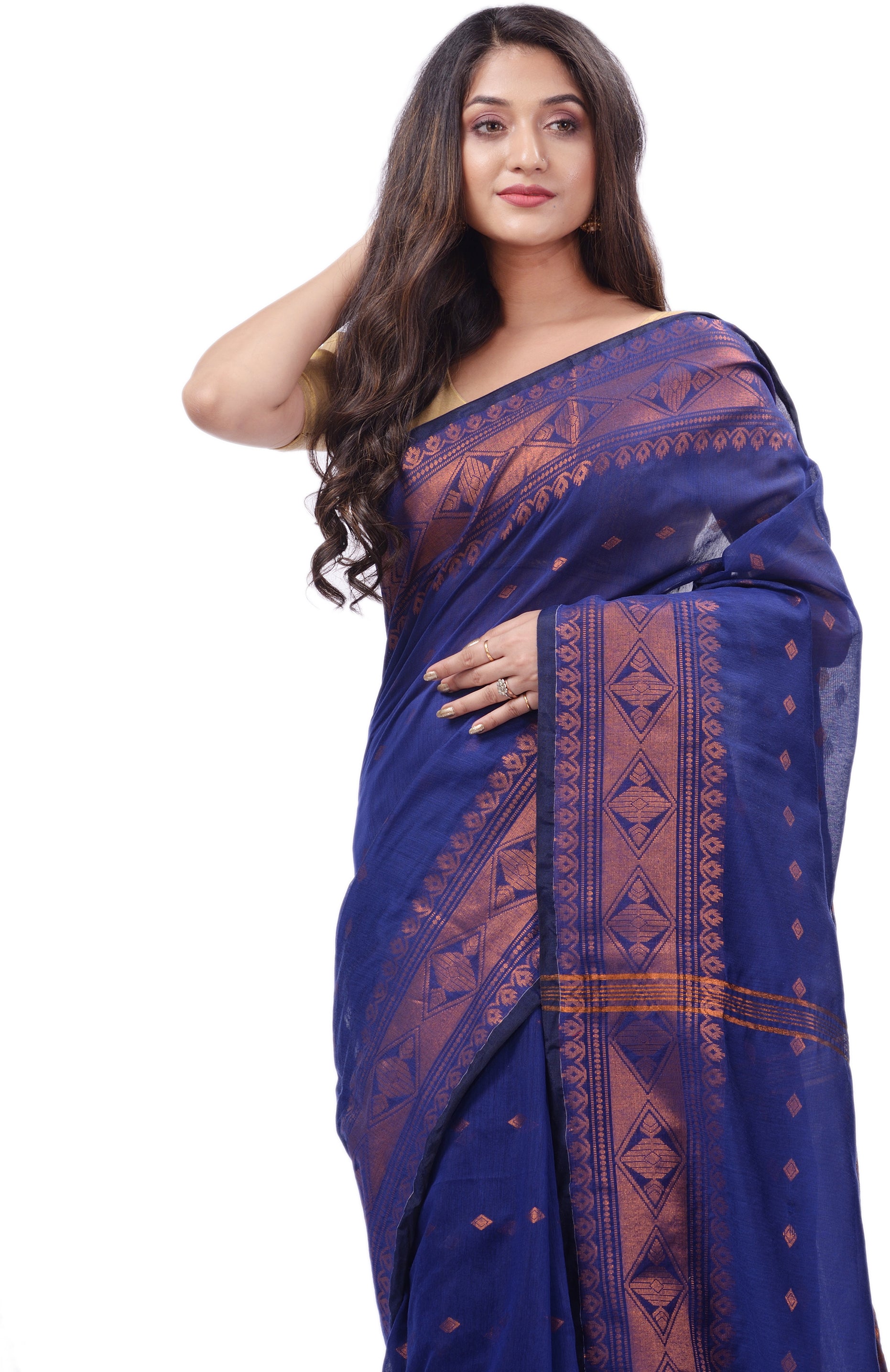 Desh Bidesh Woven Handloom Pure Cotton Saree (Blue) - Distacart
