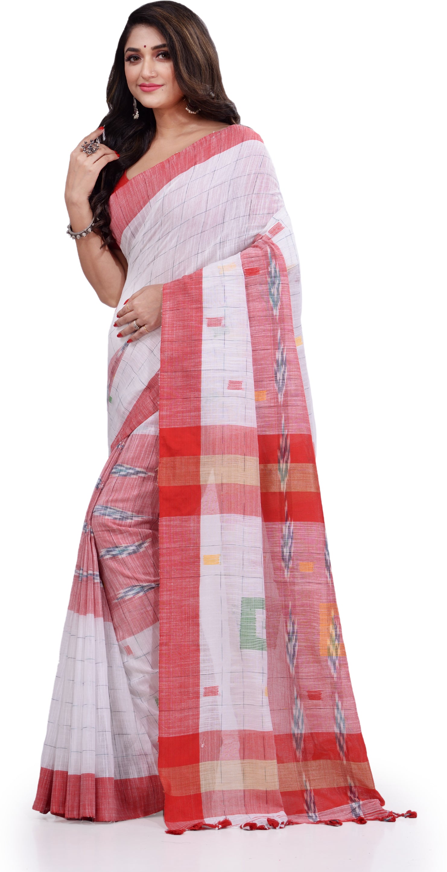 Desh Bidesh Woven Handloom Pure Cotton Saree (White) - Distacart