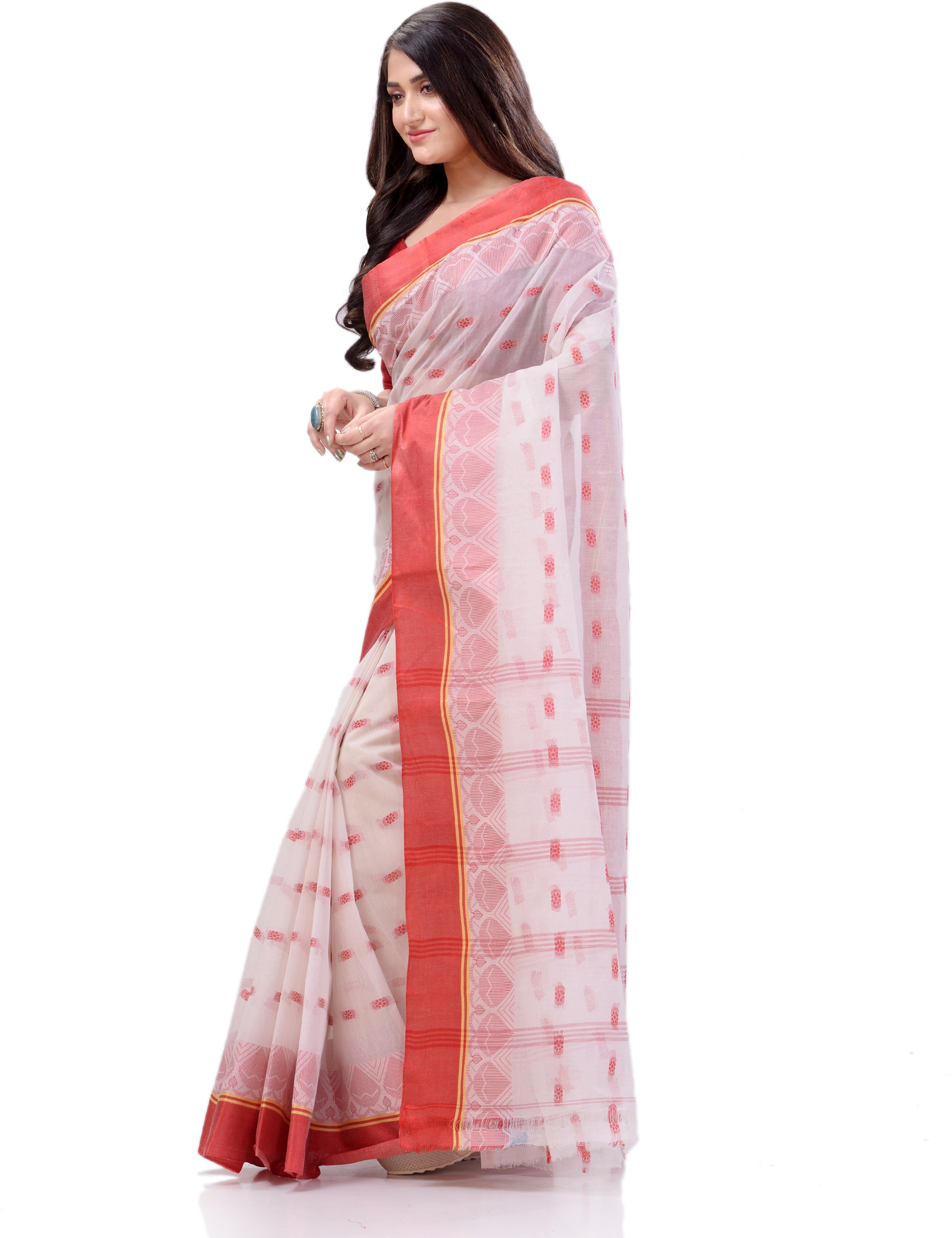 Desh Bidesh Woven Handloom Handloom Pure Cotton Saree (Red) - Distacart