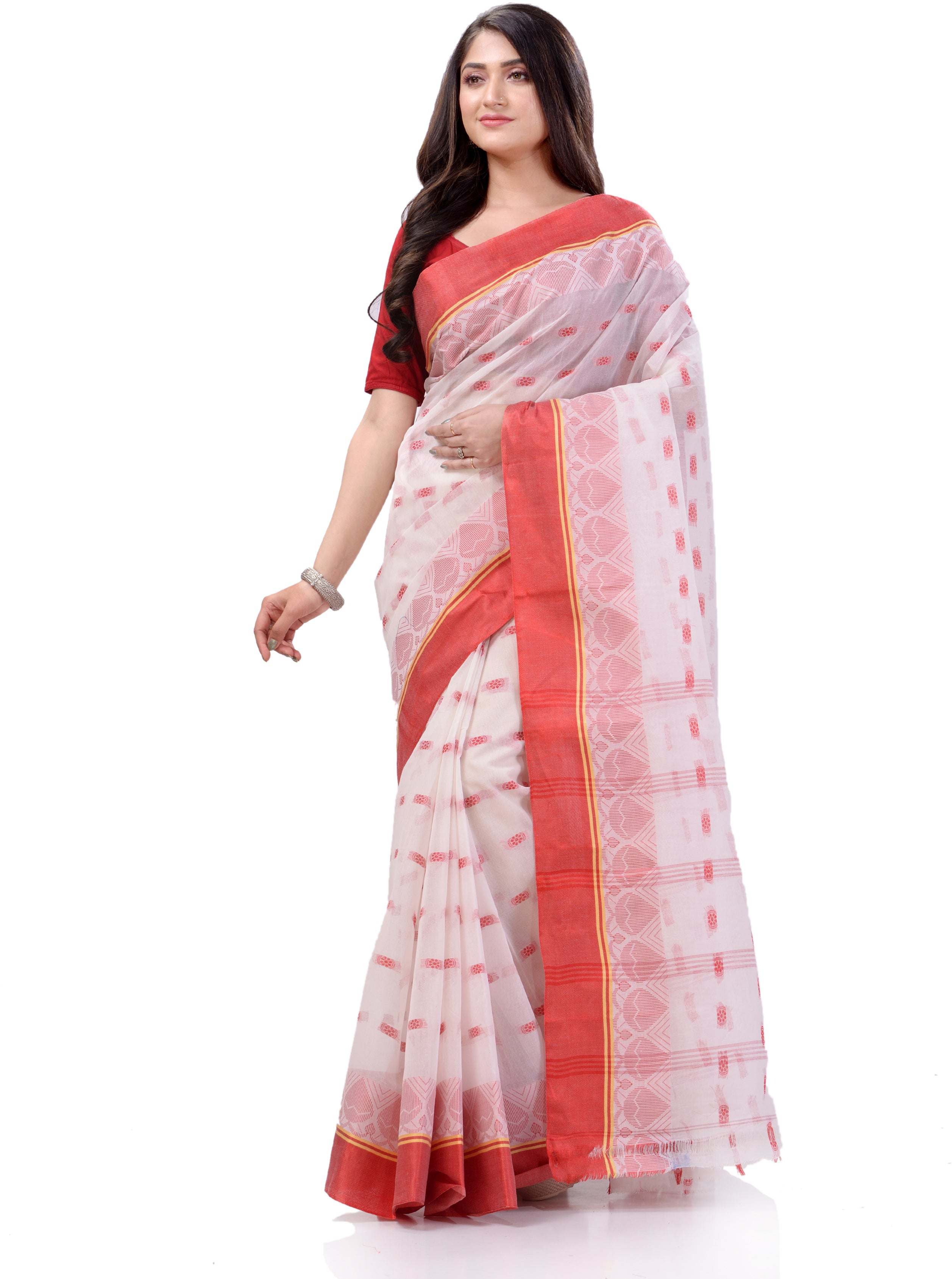 Desh Bidesh Woven Handloom Handloom Pure Cotton Saree (Red) - Distacart