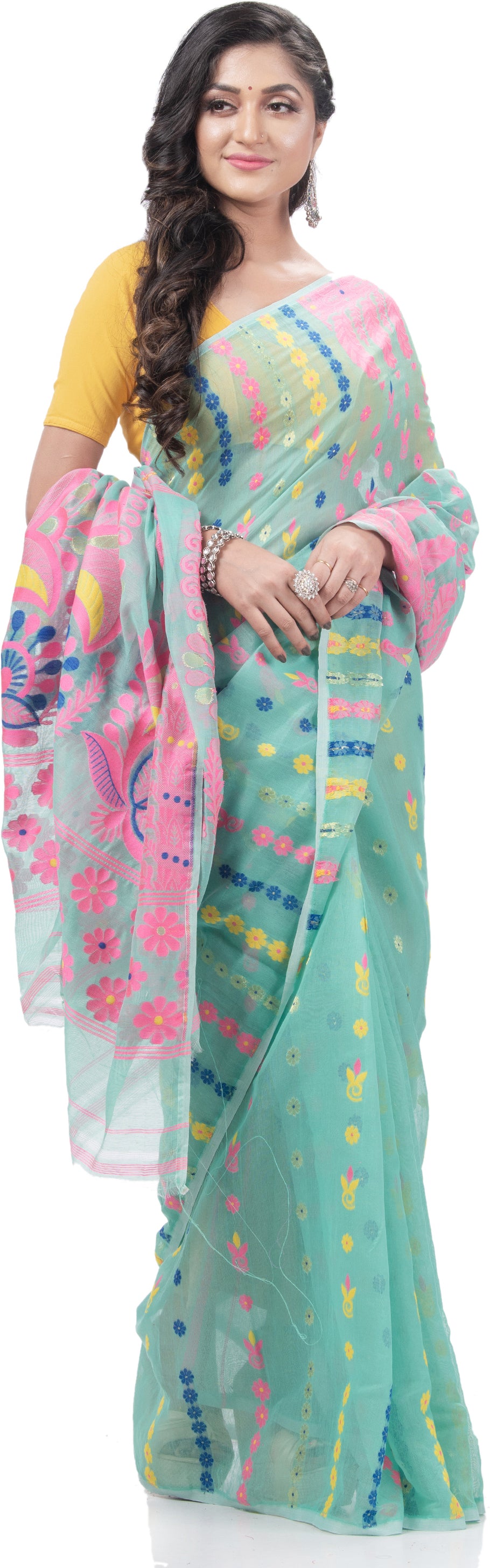 Desh Bidesh Woven Jamdani Handloom Pure Cotton Saree (Blue) - Distacart