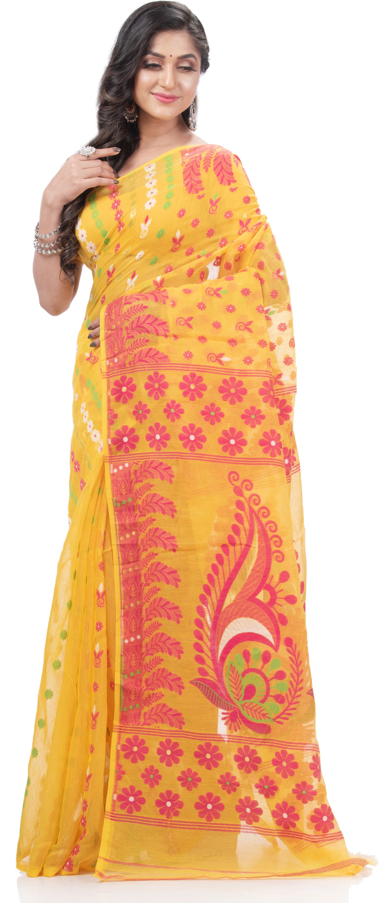Desh Bidesh Woven Jamdani Handloom Pure Cotton Saree (Yellow) - Distacart