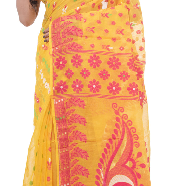 Desh Bidesh Woven Jamdani Handloom Pure Cotton Saree (Yellow) - Distacart