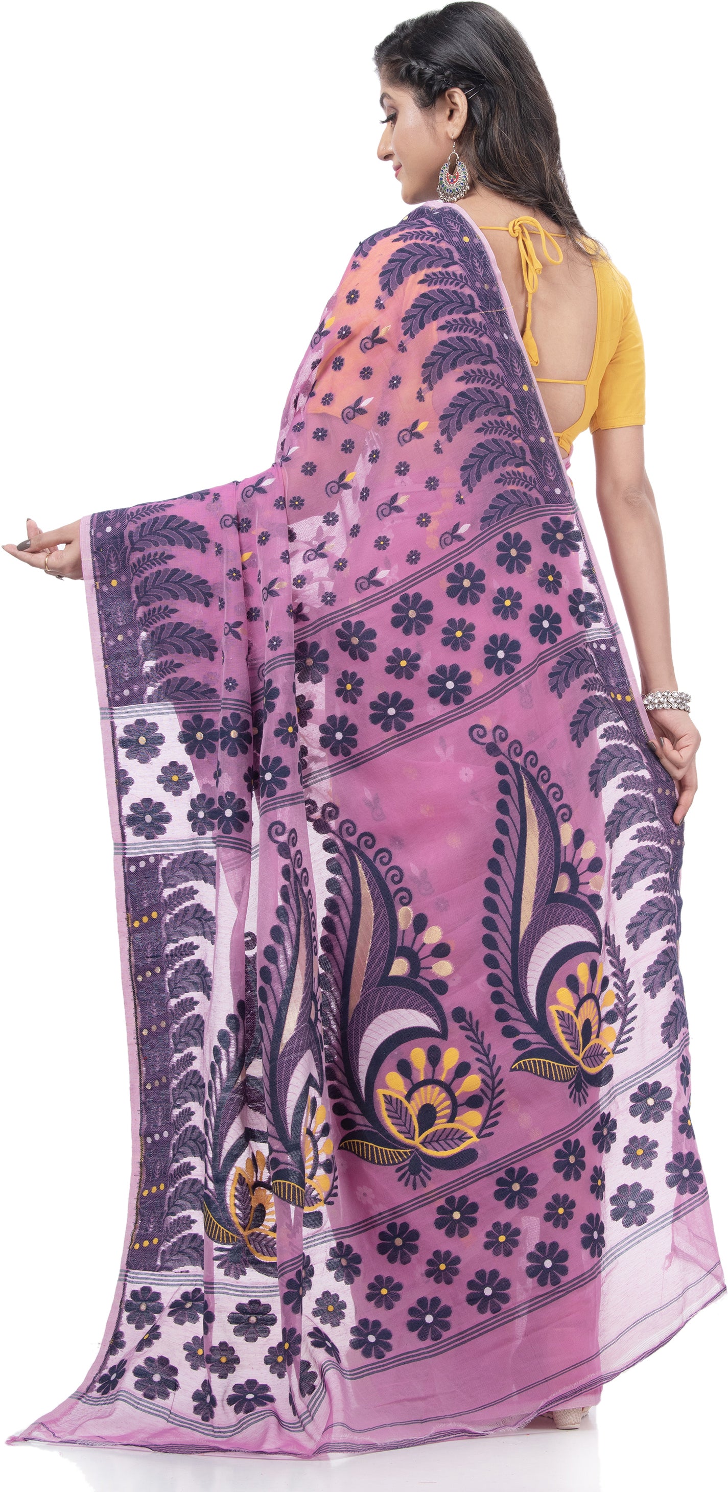 Desh Bidesh Woven Jamdani Handloom Pure Cotton Saree (Pink) - Distacart