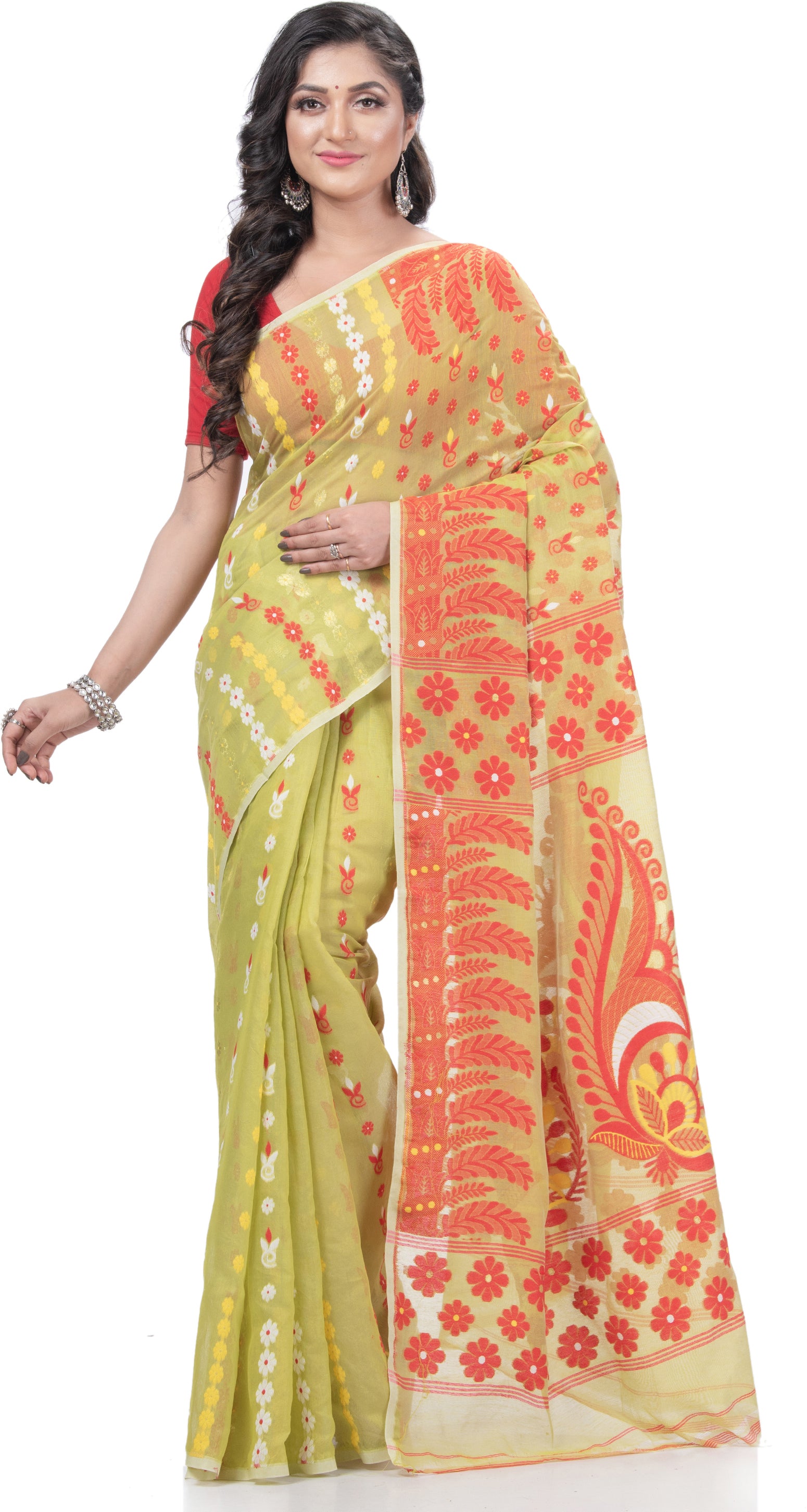 Desh Bidesh Woven Jamdani Handloom Pure Cotton Saree (Green) - Distacart