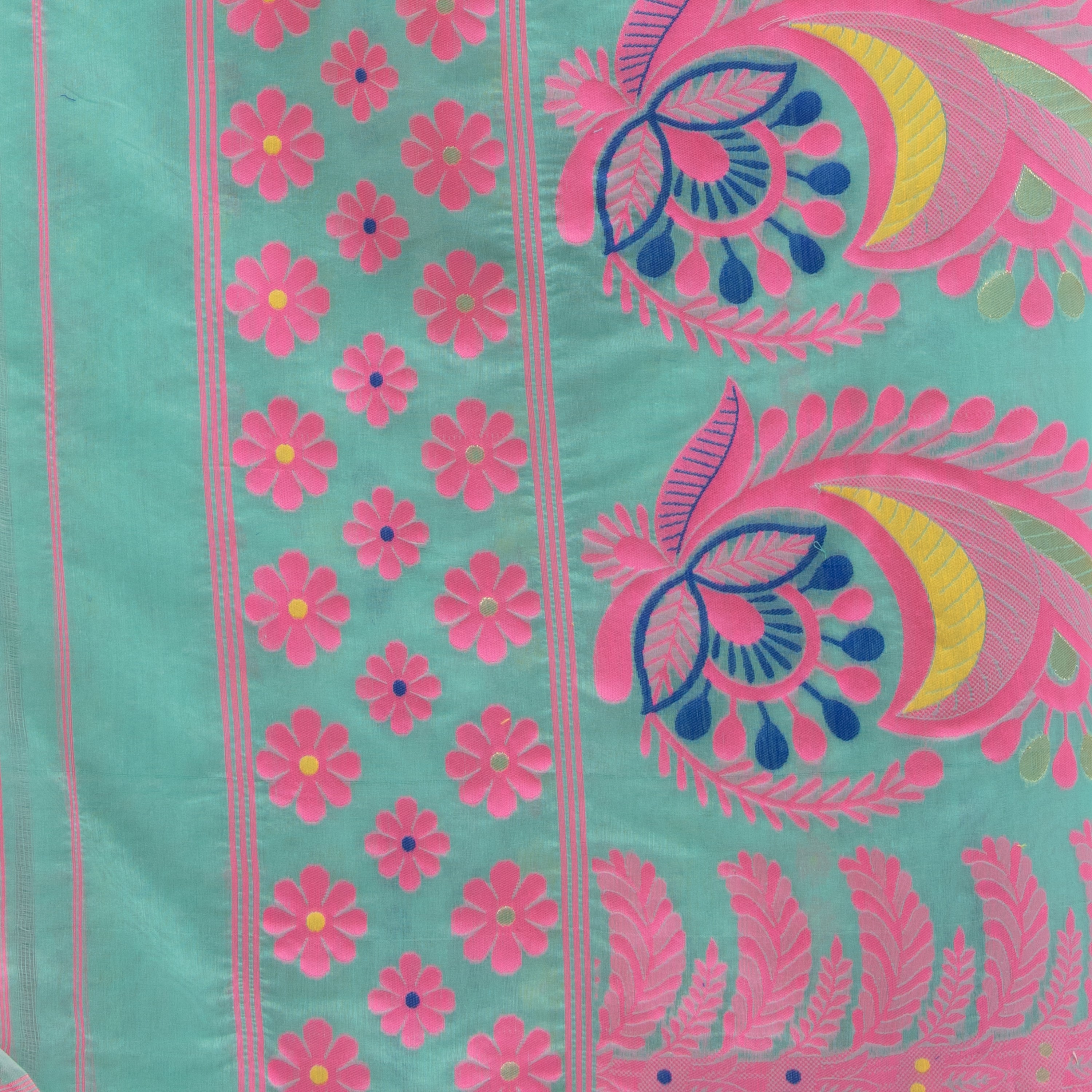 Desh Bidesh Woven Jamdani Handloom Pure Cotton Saree (Blue) - Distacart