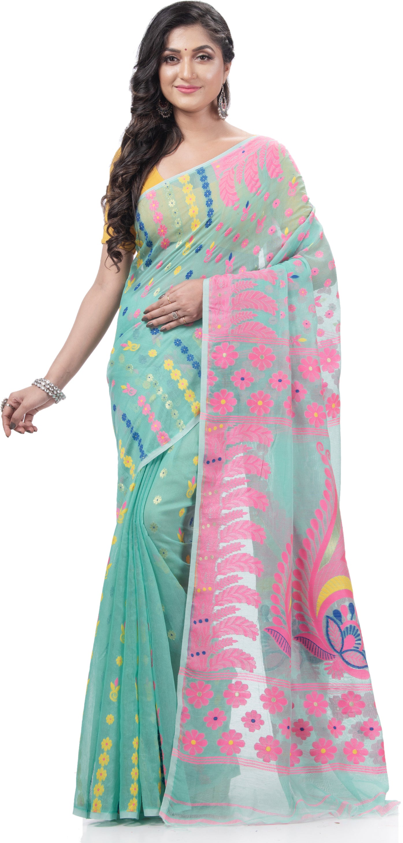 Desh Bidesh Woven Jamdani Handloom Pure Cotton Saree (Blue) - Distacart