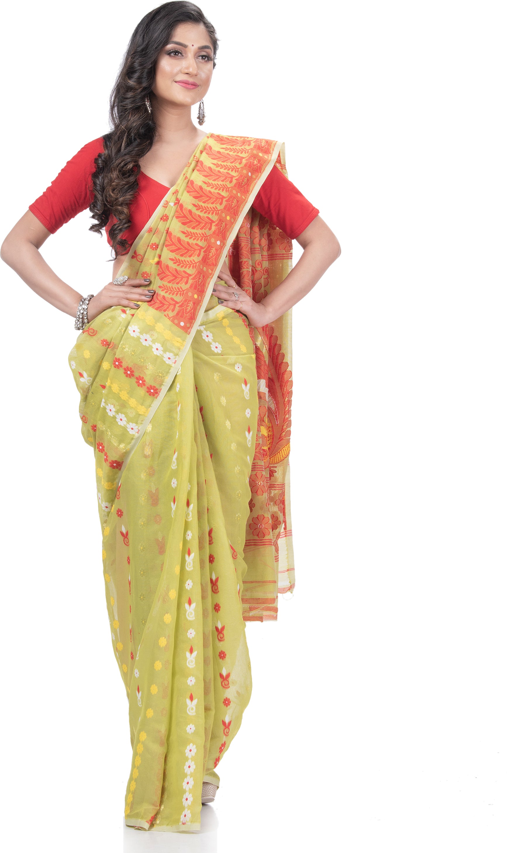 Desh Bidesh Woven Jamdani Handloom Pure Cotton Saree (Green) - Distacart