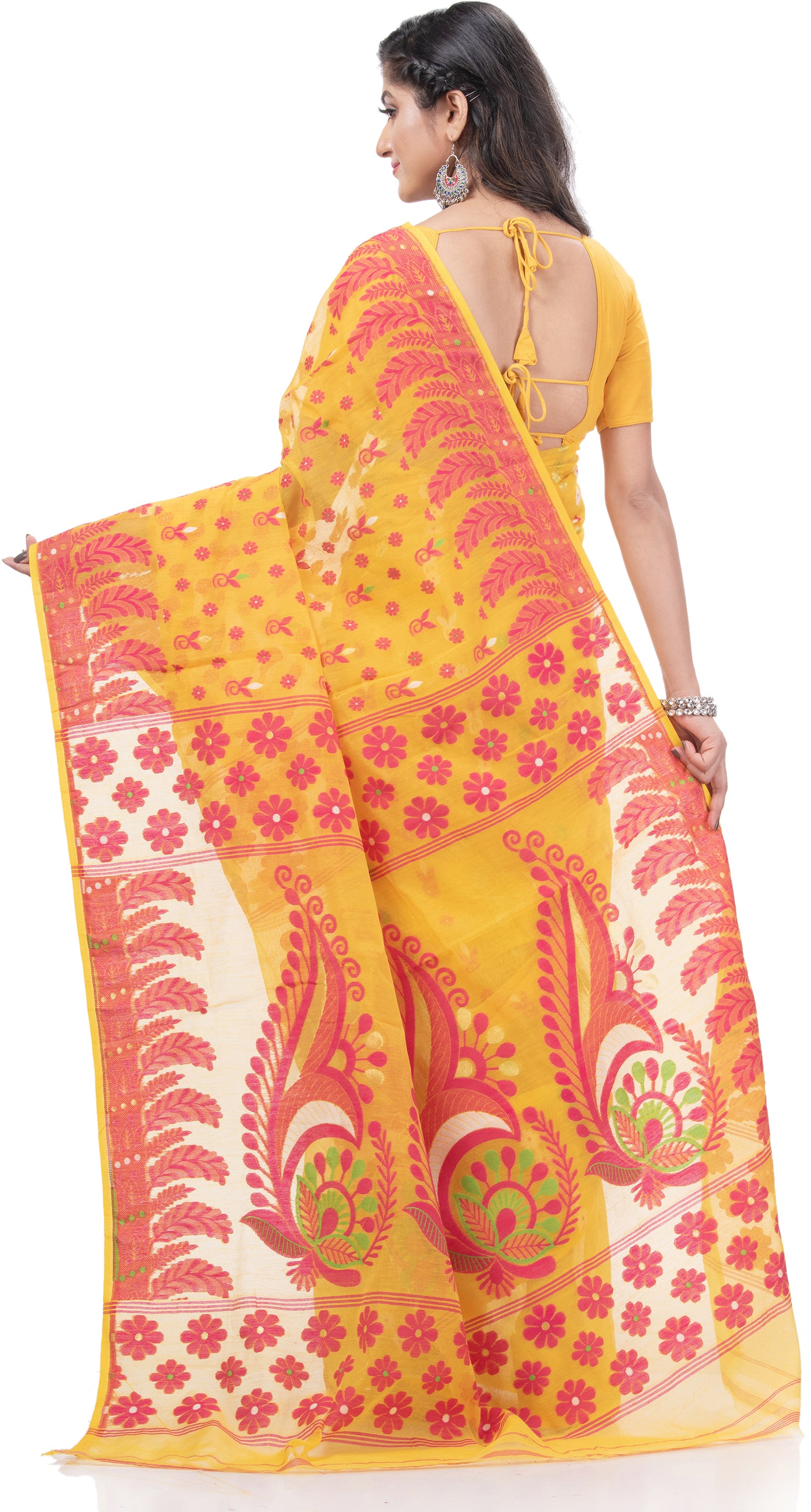 Desh Bidesh Woven Jamdani Handloom Pure Cotton Saree (Yellow) - Distacart
