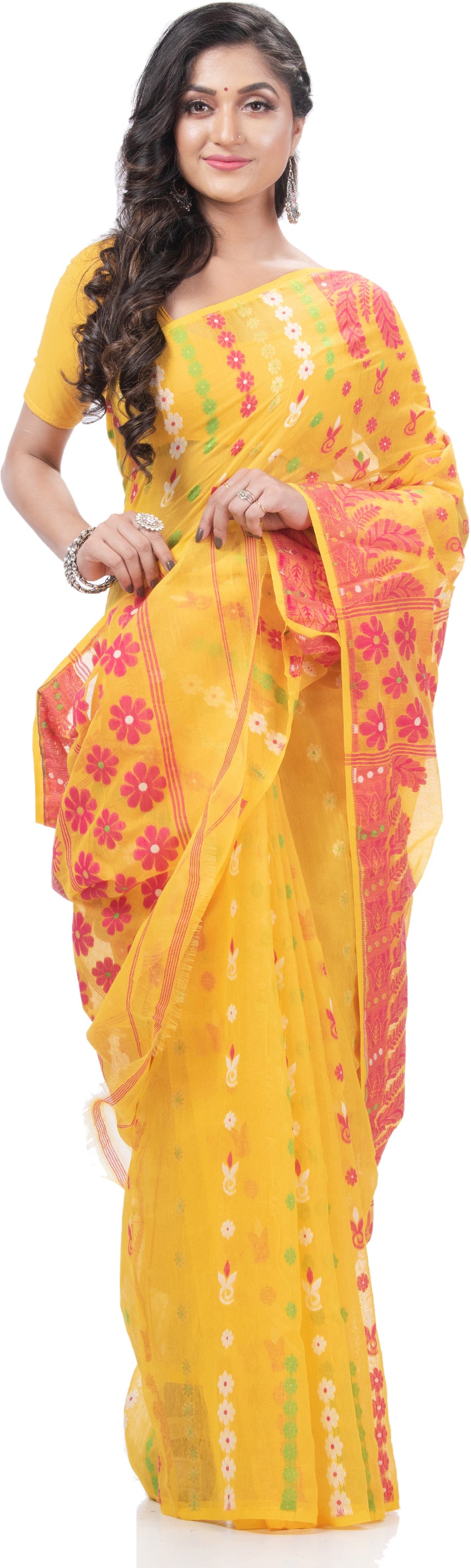 Desh Bidesh Woven Jamdani Handloom Pure Cotton Saree (Yellow) - Distacart