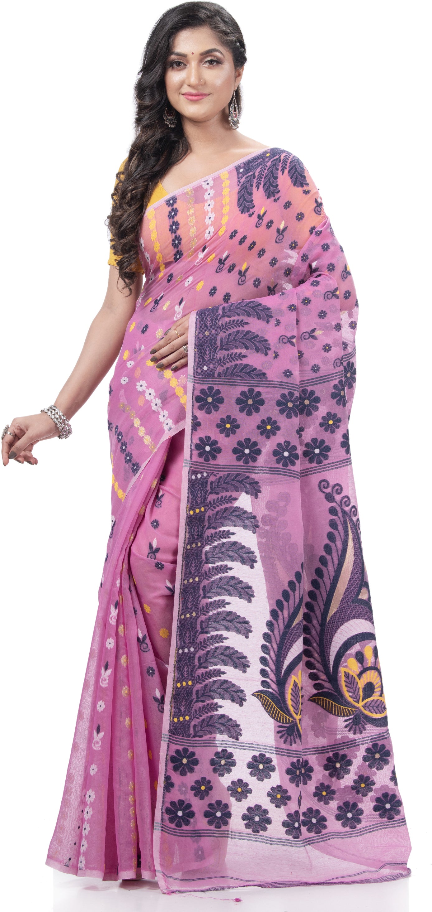 Desh Bidesh Woven Jamdani Handloom Pure Cotton Saree (Pink) - Distacart