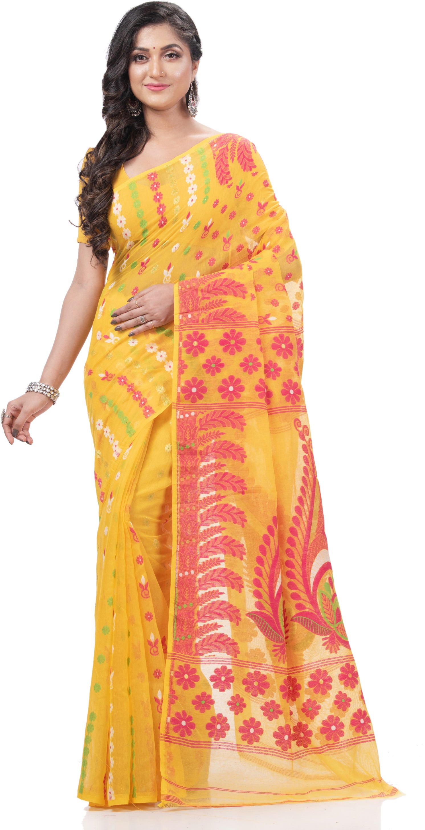 Desh Bidesh Woven Jamdani Handloom Pure Cotton Saree (Yellow) - Distacart