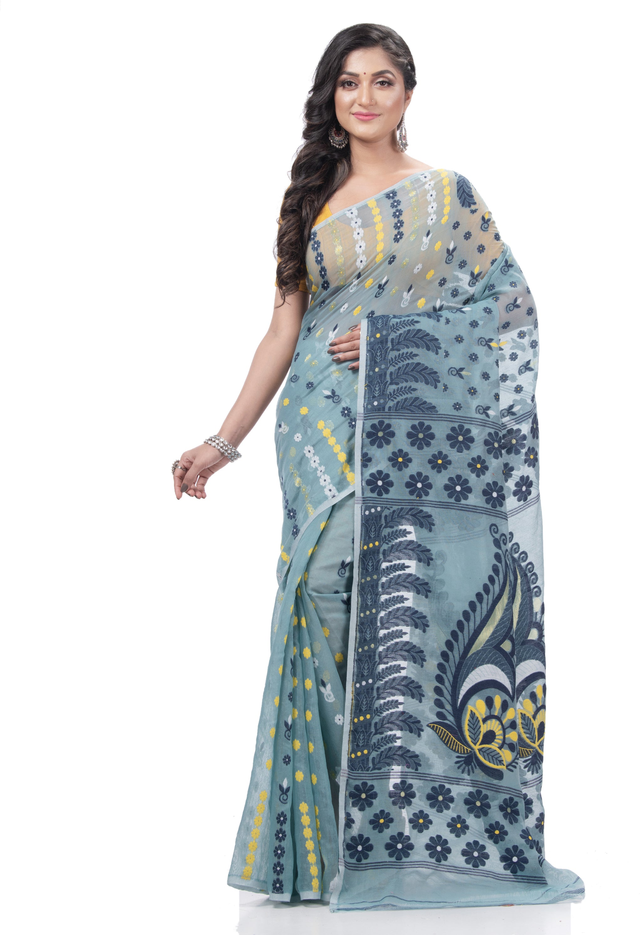 Desh Bidesh Embellished Jamdani Handloom Cotton Blend Saree (Blue) - Distacart