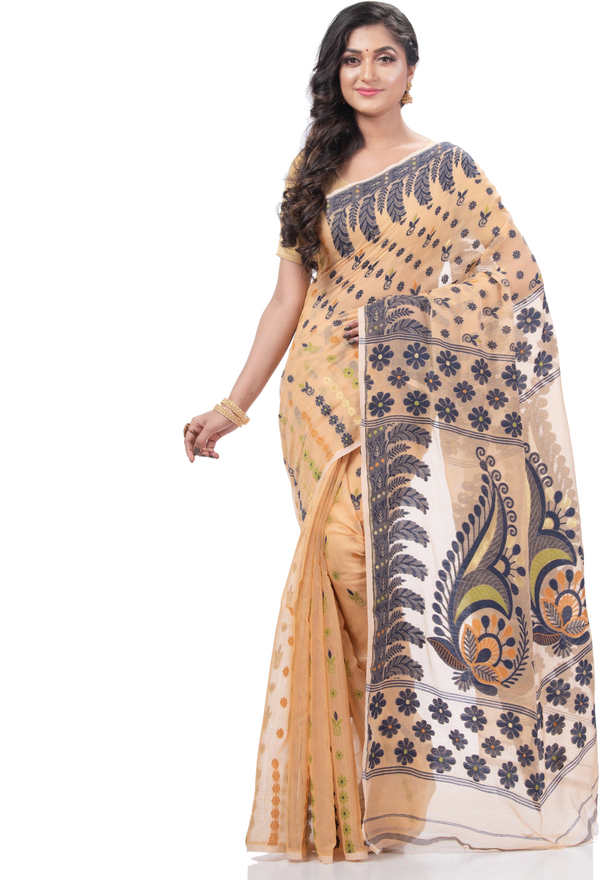 Desh Bidesh Embellished Jamdani Handloom Cotton Blend Saree (Orange) - Distacart