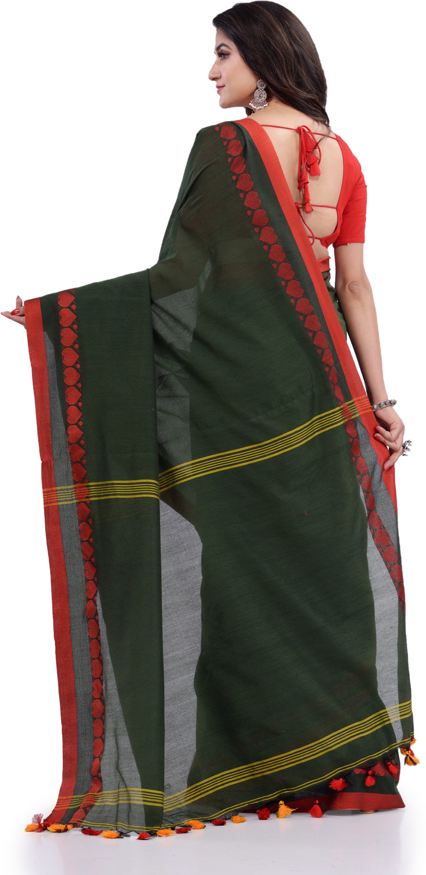 Desh Bidesh Woven Handloom Pure Cotton Saree (Dark Green) - Distacart