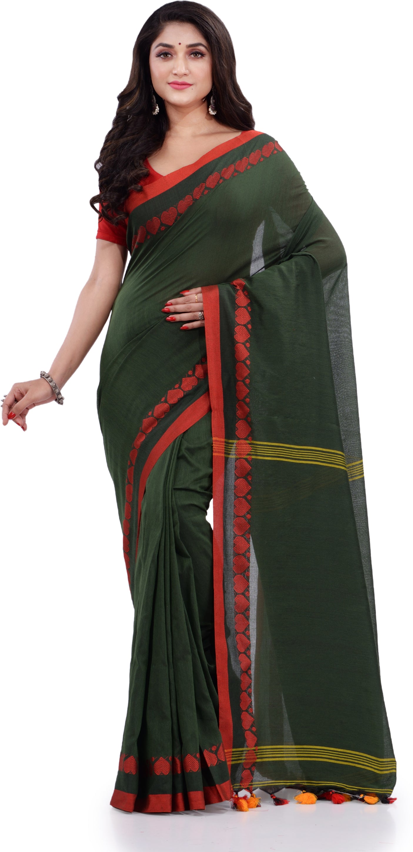 Desh Bidesh Woven Handloom Pure Cotton Saree (Dark Green) - Distacart