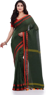 Thumbnail for Desh Bidesh Woven Handloom Pure Cotton Saree (Dark Green) - Distacart