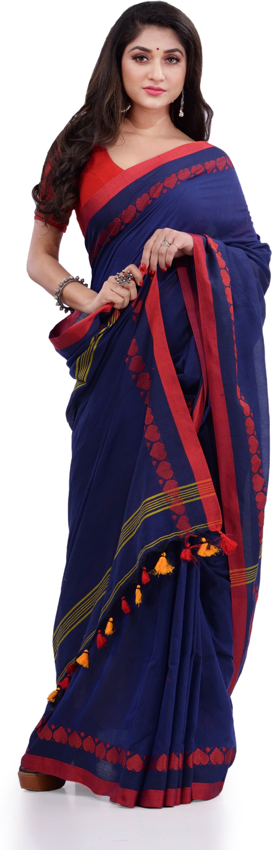 Desh Bidesh Woven Handloom Pure Cotton Saree (Dark Blue) - Distacart