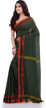 Thumbnail for Desh Bidesh Woven Handloom Pure Cotton Saree (Dark Green) - Distacart