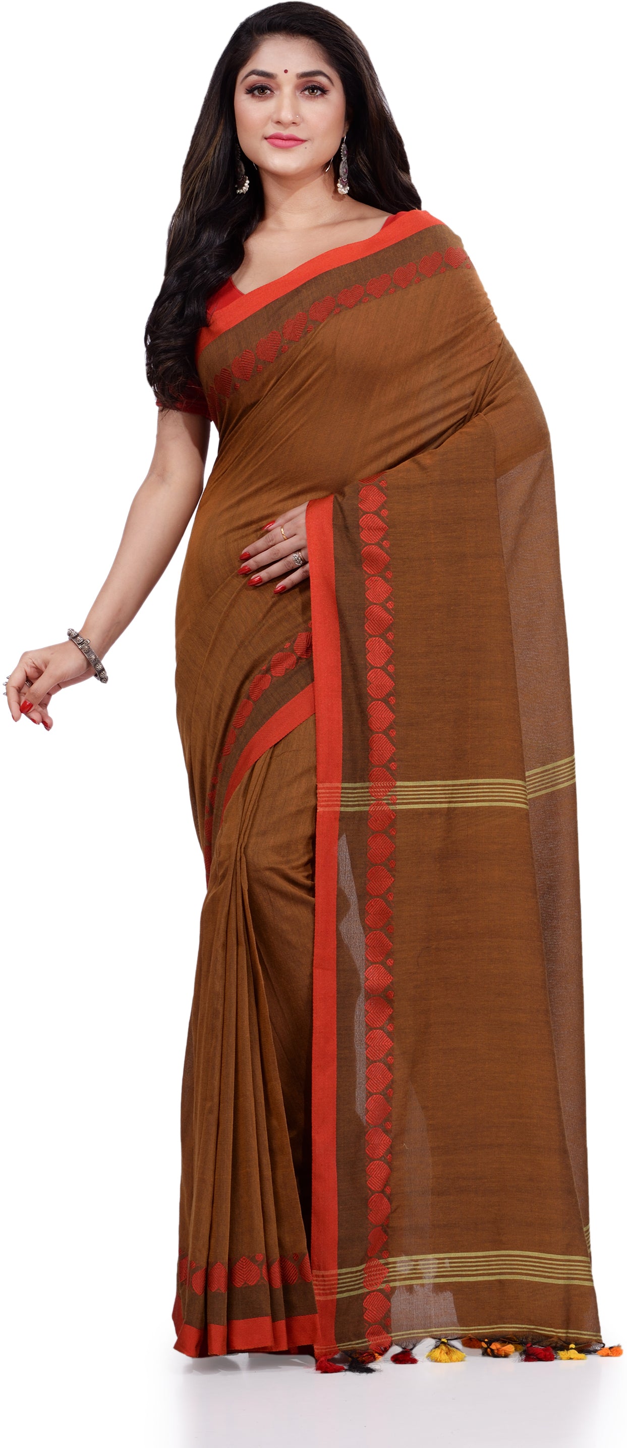 Desh Bidesh Woven Handloom Pure Cotton Saree (Brown) - Distacart