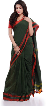 Thumbnail for Desh Bidesh Woven Handloom Pure Cotton Saree (Dark Green) - Distacart