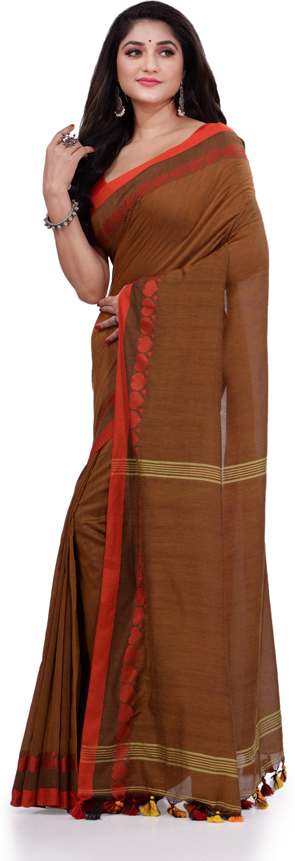 Desh Bidesh Woven Handloom Pure Cotton Saree (Brown) - Distacart