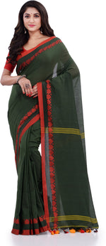 Thumbnail for Desh Bidesh Woven Handloom Pure Cotton Saree (Dark Green) - Distacart