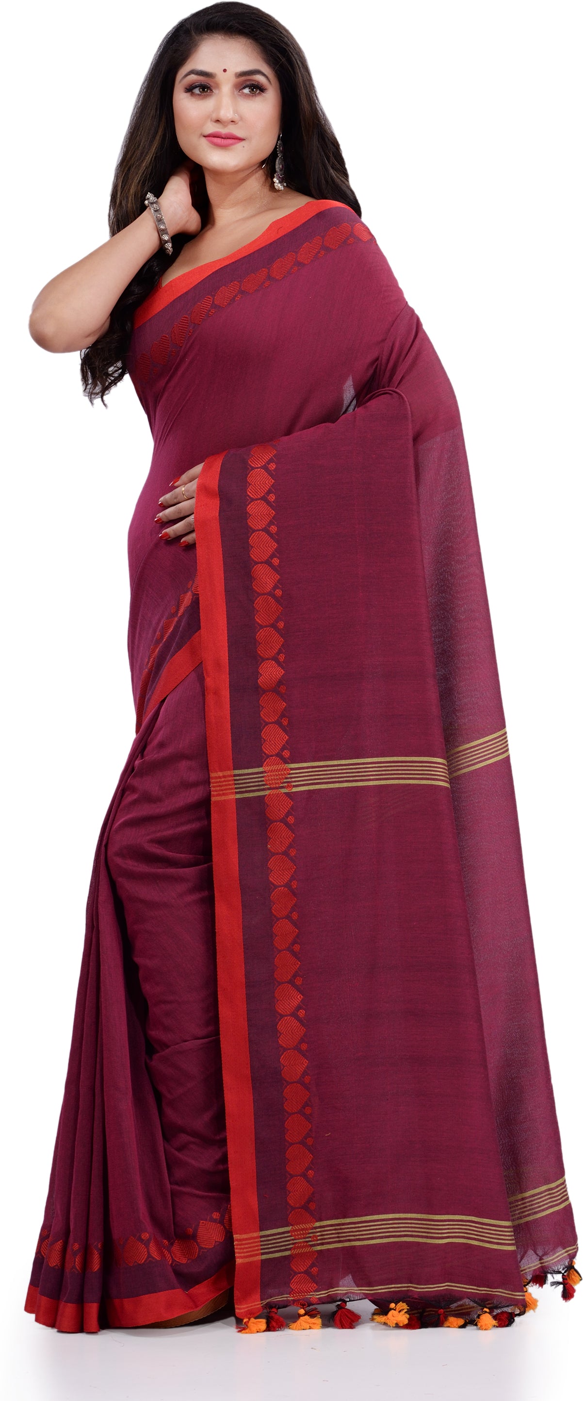 Desh Bidesh Woven Handloom Pure Cotton Saree (Maroon) - Distacart