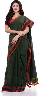 Thumbnail for Desh Bidesh Woven Handloom Pure Cotton Saree (Dark Green) - Distacart